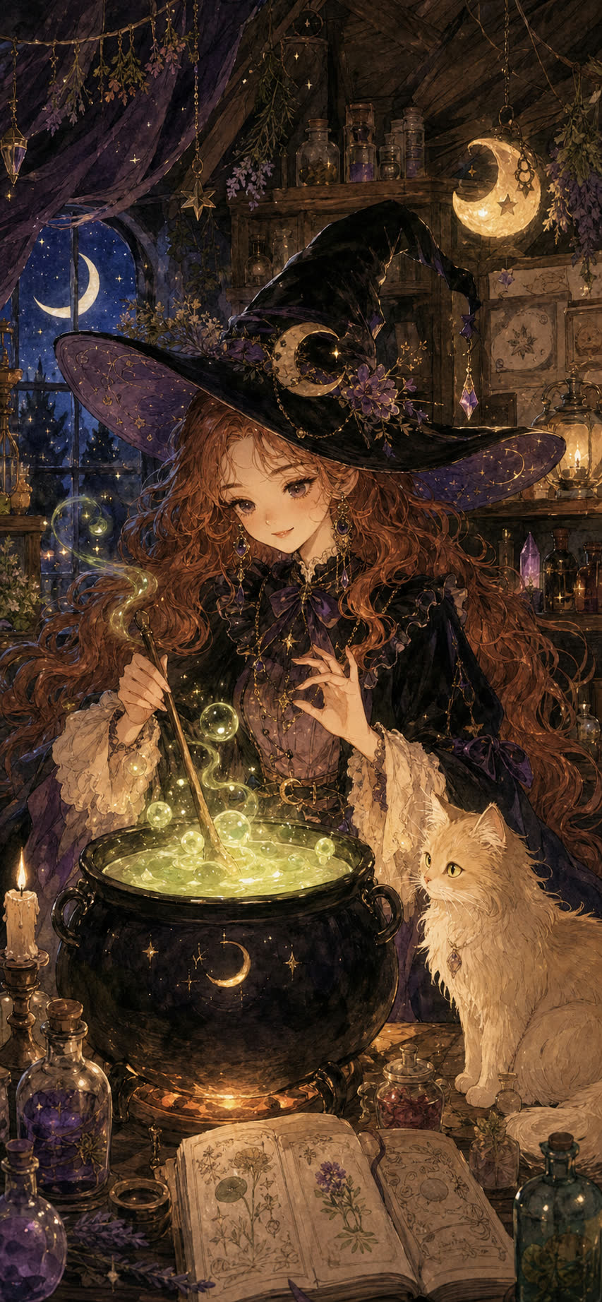 小女巫敏敏在夜间诊疗室熬药，淡黄色长毛猫陪在旁边