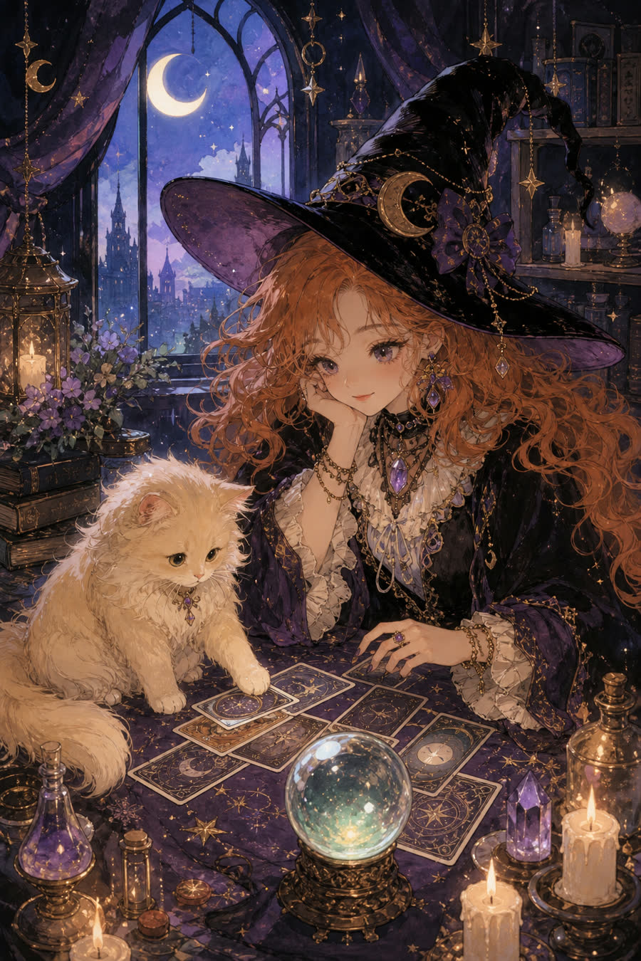小女巫敏敏在月光下解牌，淡黄色长毛猫陪在旁边
